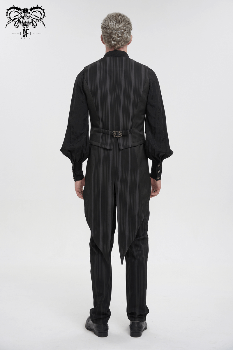 Back view of a gothic black waistcoat with striped pattern and detachable swallowtail, stylish and elegant.