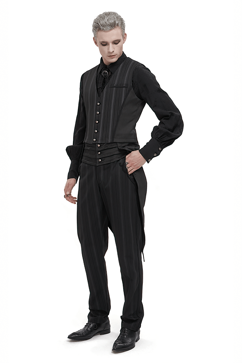 Gothic black waistcoat with detachable swallowtail and patterned buttons, stylishly displayed by a model.