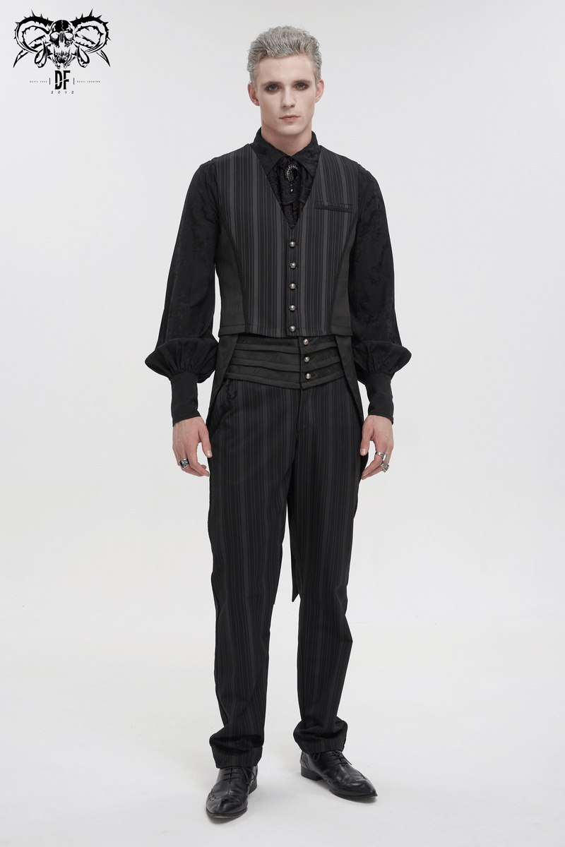 Model showcasing a stylish black striped gothic waistcoat with detachable swallow tail and patterned buttons.