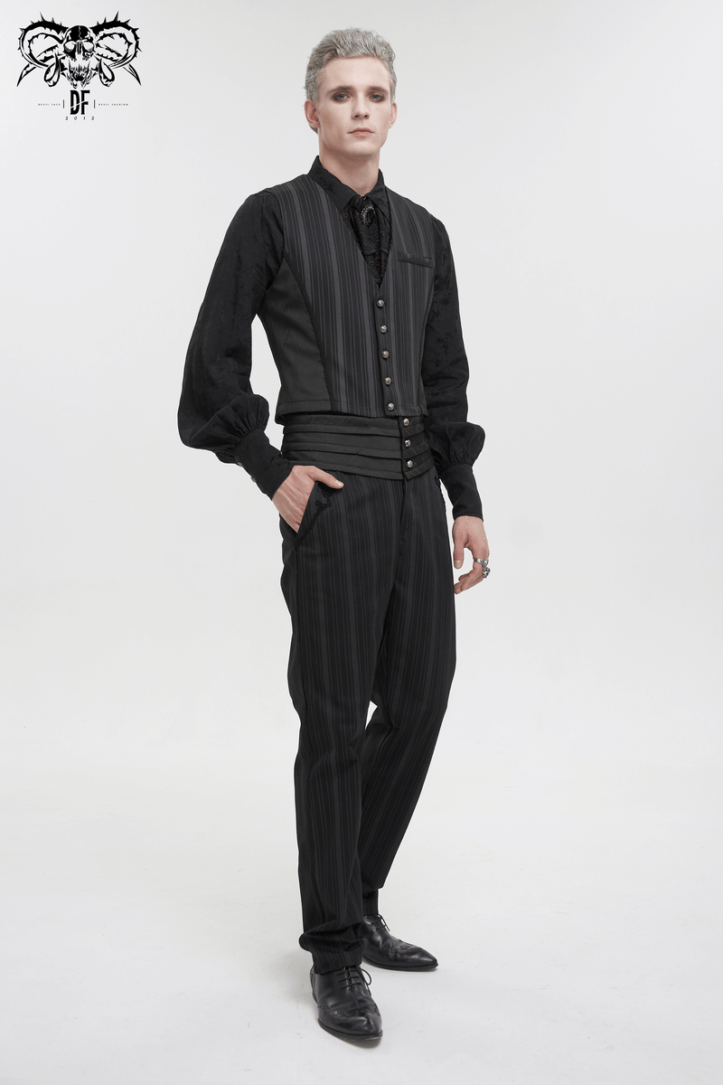 Stylish model showcasing a black gothic waistcoat with detachable swallowtail, paired with elegant striped trousers.