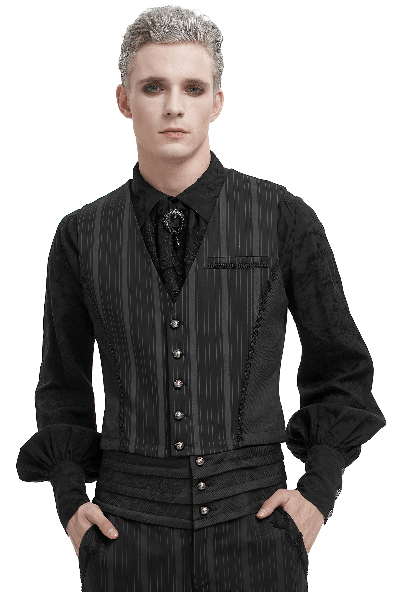 Gothic black waistcoat with stripes and patterned buttons, ideal for stylish outfits.