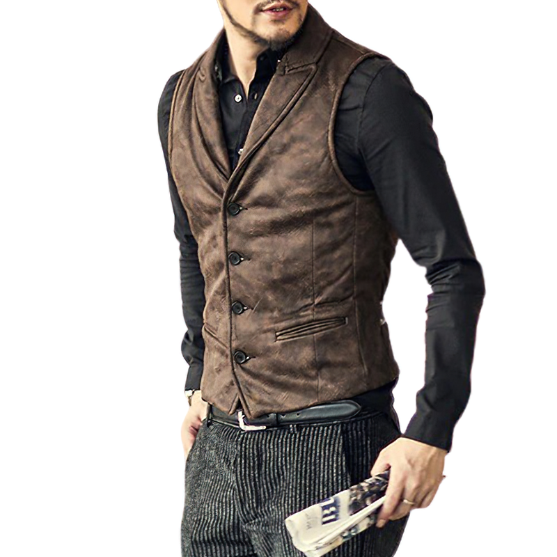 Stylish man wearing a brown suede single-breasted vest, showcasing steampunk fashion elegance and fitted design.