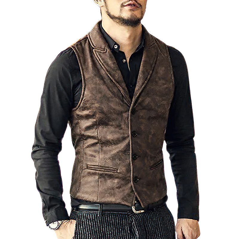 Stylish man in a brown suede steampunk vest showcasing a slim fit design, perfect for elevating your fashion game.