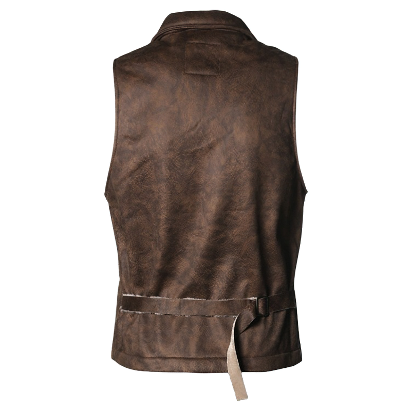 Back view of men's suede steampunk vest with buckle detail, showcasing its sleek design and high-quality material.