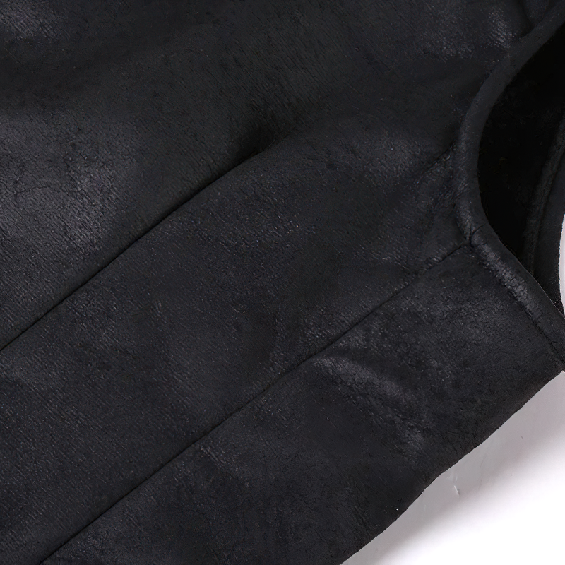 Close-up of black suede fabric showing texture of men's steampunk slim vest.