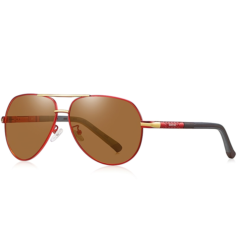 Stylish unisex sunglasses for protection while driving, featuring a trendy red frame and brown lenses.