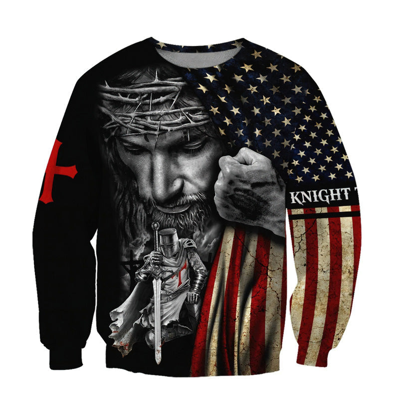 Fashion Sweatshirt with American Symbols 3D Print / Cool Top with Knight and Jesus Print - HARD'N'HEAVY