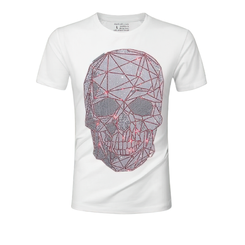 Fashion t-shirt featuring a rhinestone skull print, perfect for alternative style outfits and summer wear.