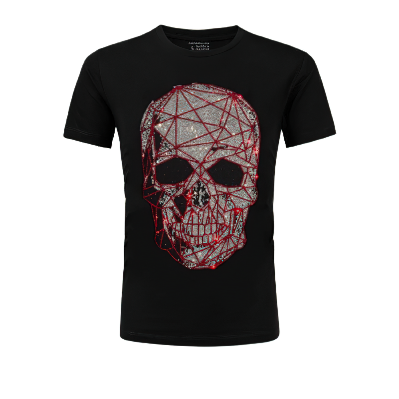 Fashion T-shirt with red rhinestone skull design on black fabric for alternative style clothing. Perfect for summer casual outfits.