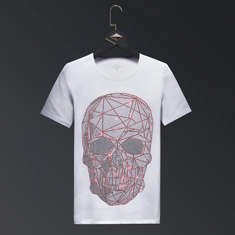 White fashion t-shirt featuring a red rhinestone skull design, perfect for alternative summer outfits.