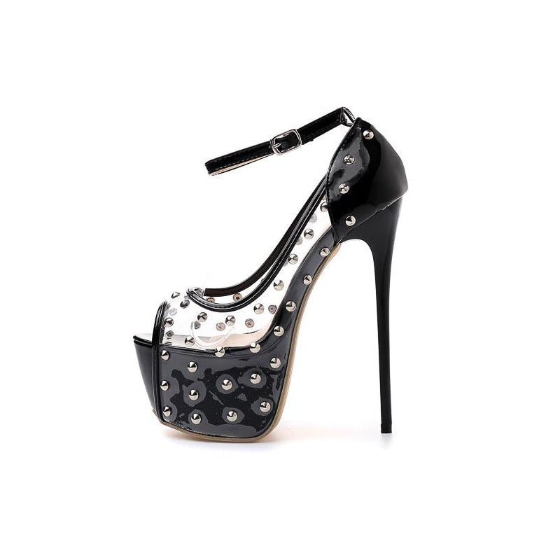 Fashion Transparent Sexy Rivet Open Toe High Heels for Women / Ultra very high heel Shoes - HARD'N'HEAVY