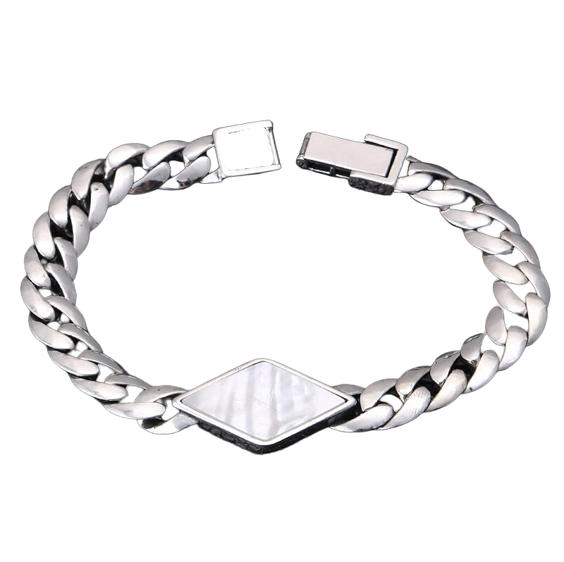 Stylish men's 925 sterling silver bracelet with braided design and diamond-shaped centerpiece.