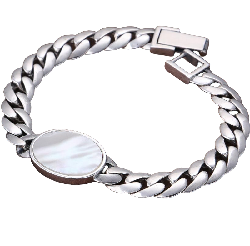 Trendy 925 sterling silver bracelet for men featuring a stylish chain design and a polished round charm.