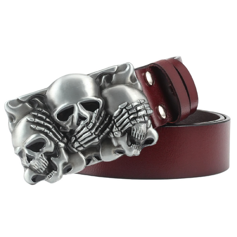 Unisex leather belt featuring a striking skull and skeleton hands buckle, perfect for goth and rock-style outfits.