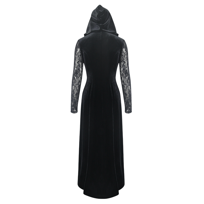 Elegant black velvet gothic dress with lace long sleeves and a stylish hood, perfect for a chic dark wardrobe.
