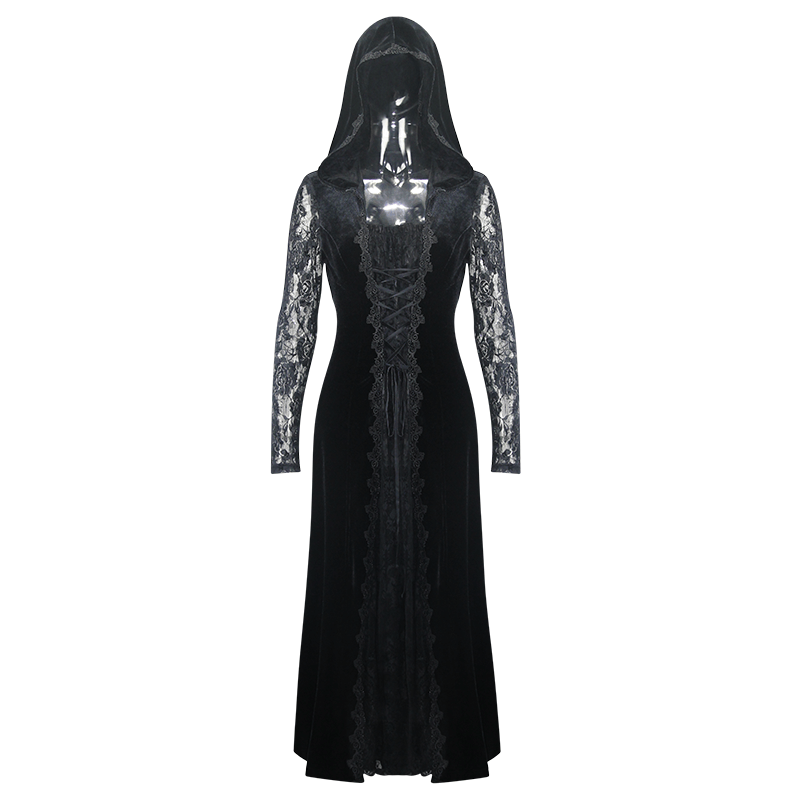 Elegant black velvet dress with lace long sleeves and hood, perfect for gothic fashion enthusiasts.