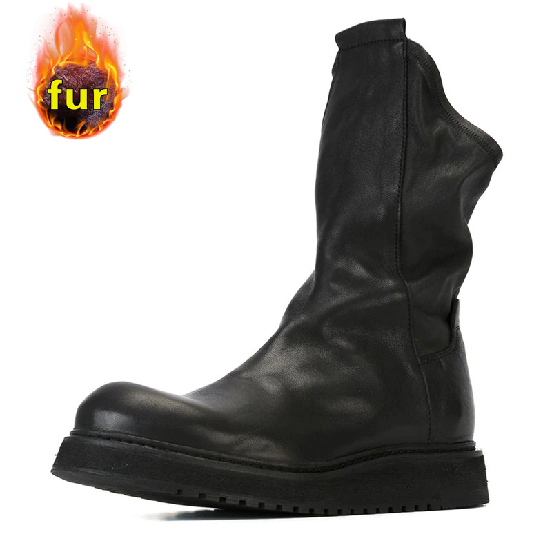 Men's biker-style mid-calf boots made of genuine leather, featuring warm fur lining and a trendy design for everyday wear.