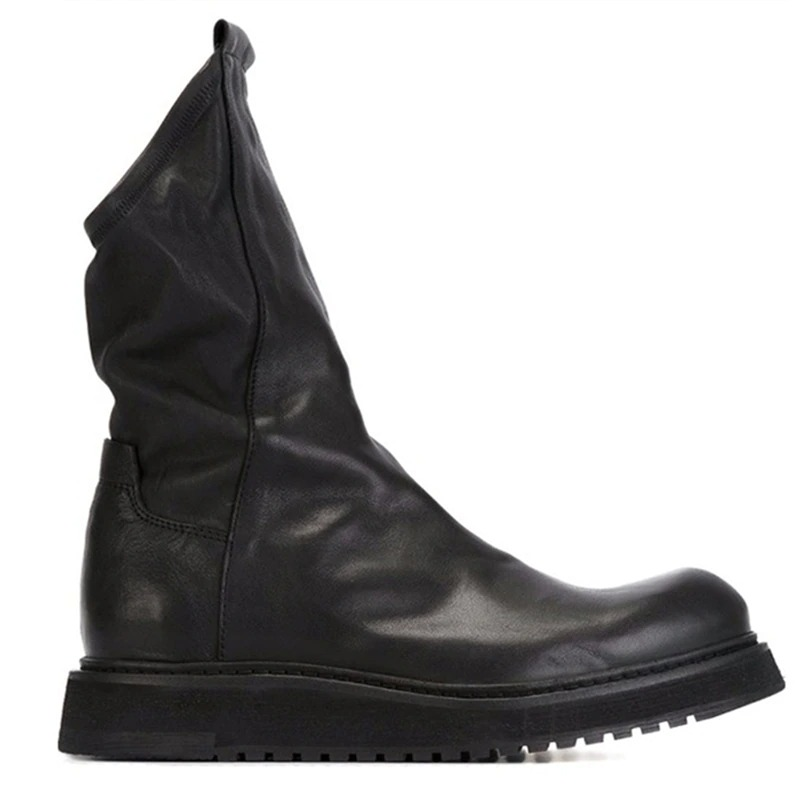 Men's black genuine leather mid-calf biker boots with flexible sole for everyday comfort.