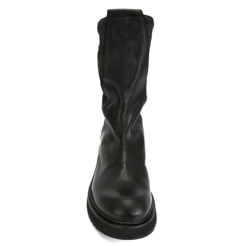 Men's genuine leather mid-calf boots with round toe, perfect for biker style and everyday wear.