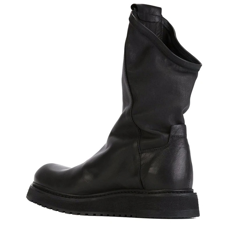 Men's genuine leather mid-calf biker boots in sleek black with flexible sole for everyday comfort.