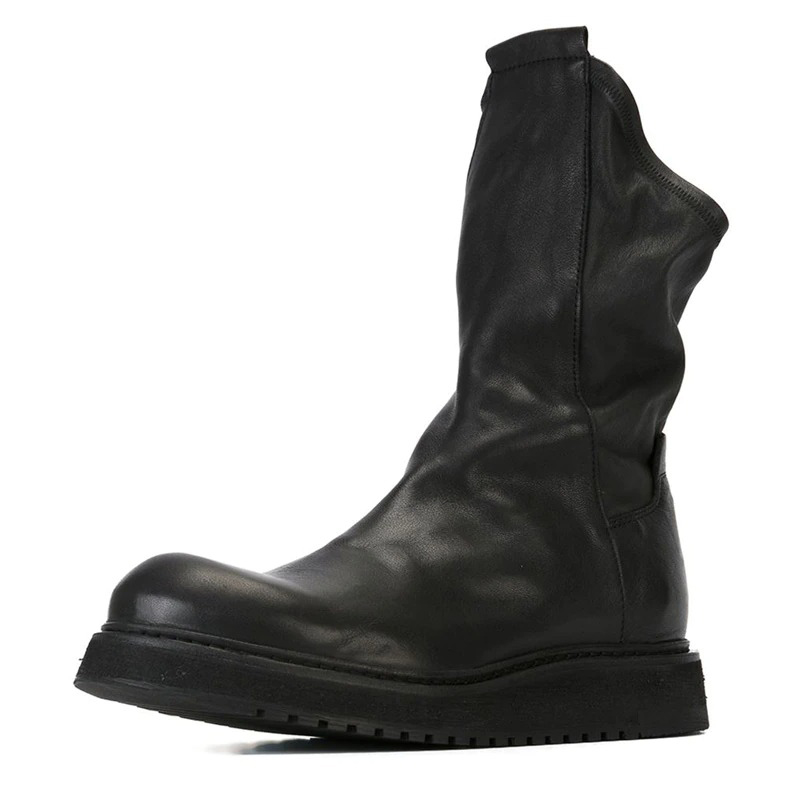 Men's mid-calf black leather biker boots with a flexible sole for everyday wear.