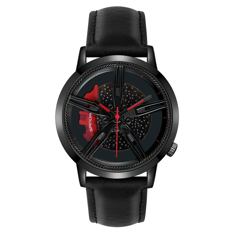 Men's fashion watch with black PU leather strap and car wheel rotating dial, stylish accessory for casual wear.