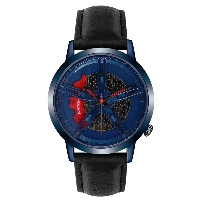 Men's watch with car wheel rotating dial, stylish blue and black design with PU leather strap, waterproof accessory.