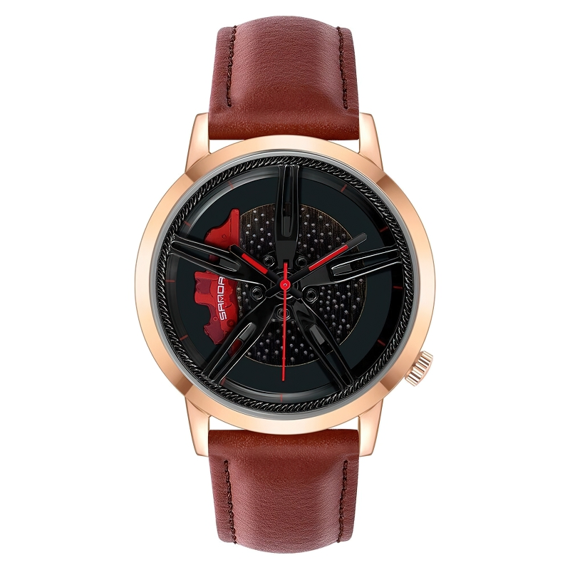 Fashion watch with car wheel rotating dial, brown PU leather strap, stylish design for men.