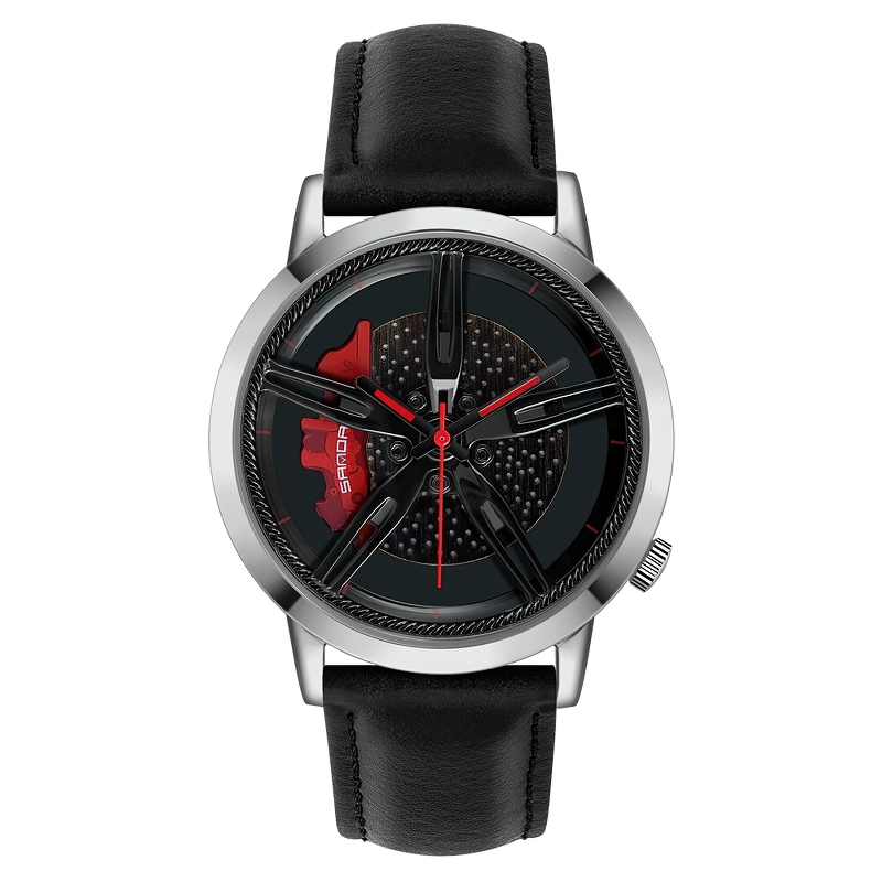 Men's fashion watch with car wheel rotating dial and black PU leather strap, stylish and waterproof accessory.