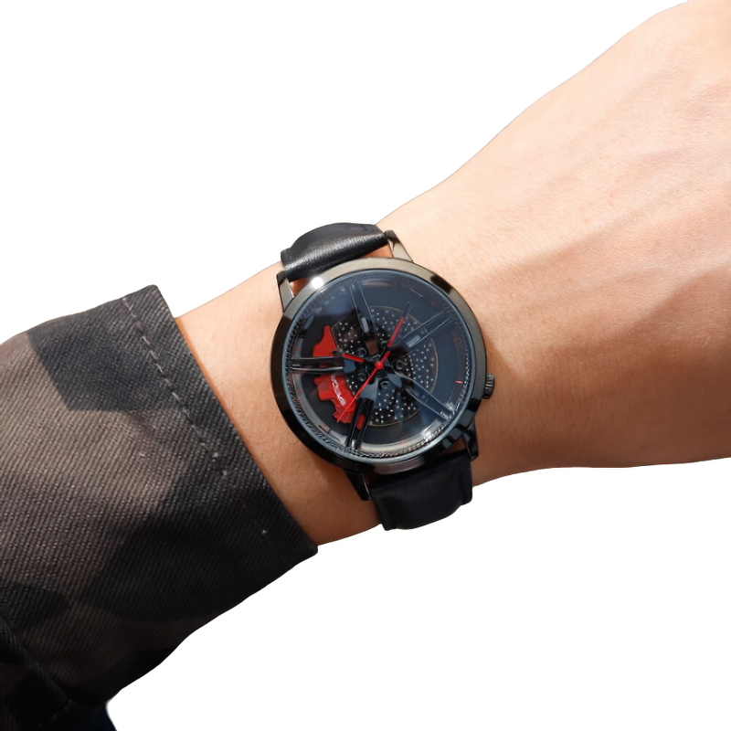 Stylish men's watch with car wheel rotating dial, black PU leather strap, trendy accessory on wrist.