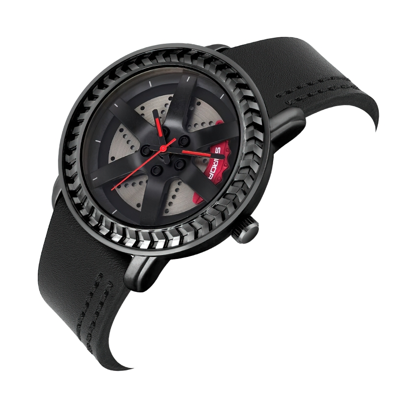 Men's stylish waterproof watch with brake disc design and black leather strap, perfect casual accessory.