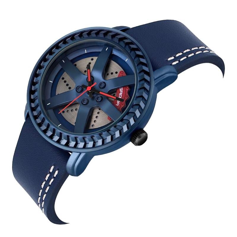 Stylish men's waterproof watch with brake disc design, blue leather strap, and sporty casual appeal.