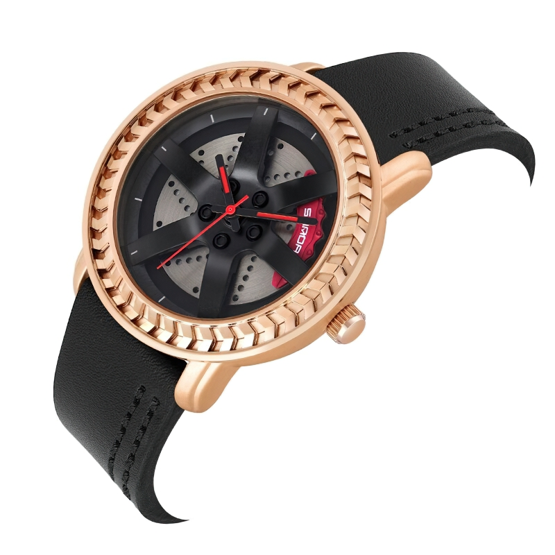 Men's fashionable waterproof watch with brake disc and wheel design, featuring a stylish black leather strap.