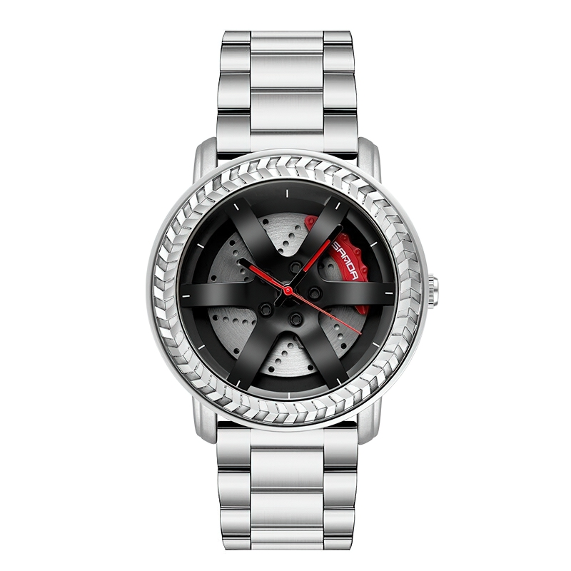 Men's waterproof watch with brake disc design, stylish stainless steel accessory for casual wear.
