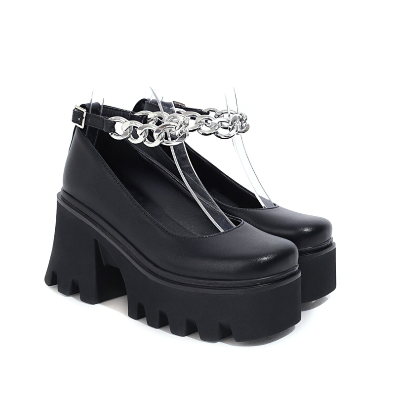 Fashion Wedges Shoes With Chain And Square Heels For Women / Female Stylish Footwear - HARD'N'HEAVY