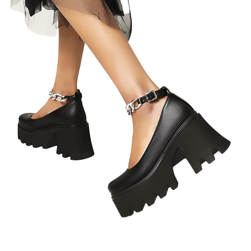 Fashion Wedges Shoes With Chain And Square Heels For Women / Female Stylish Footwear - HARD'N'HEAVY