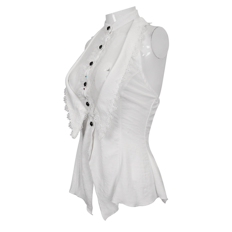 Stylish women's white sleeveless halter blouse featuring lace-up back design, perfect for a gothic-inspired look.