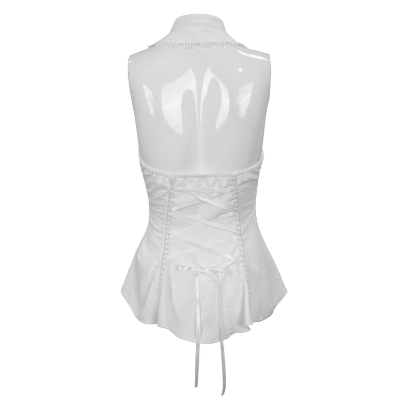 Fashion White Sleeveless Halter Blouse with Lace-up on Back / Sexy Female Shirt with Black Buttons
