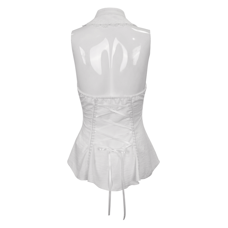 Back view of a women's white sleeveless halter blouse with lace-up detailing, showcasing a gothic style.
