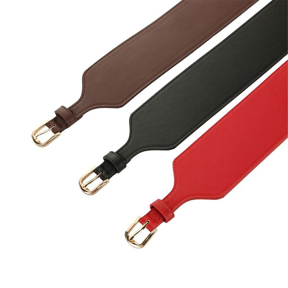 Three stylish wide belts for women in brown, black, and red PU leather with gold fittings, perfect vintage accessory.