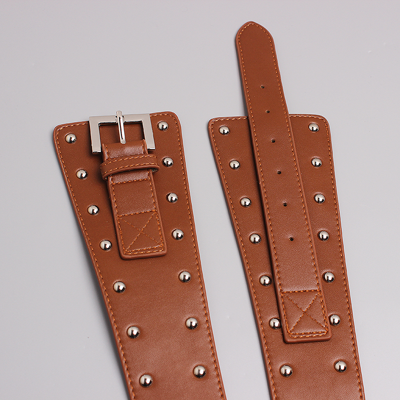 Fashion wide leather rivet belt in brown with metal buckle and decorative studs, perfect for adding style to any outfit.