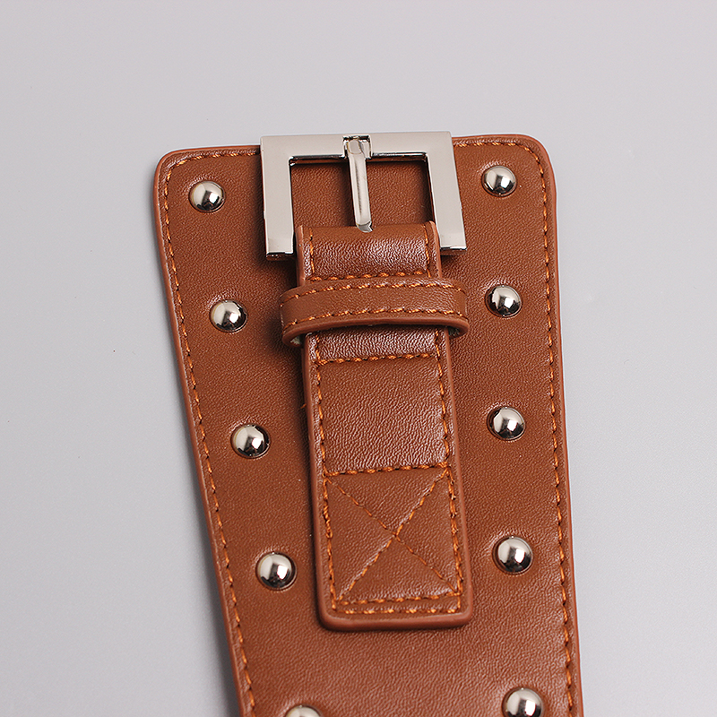 Stylish brown genuine leather wide belt with rivets and silver metal buckle for women.