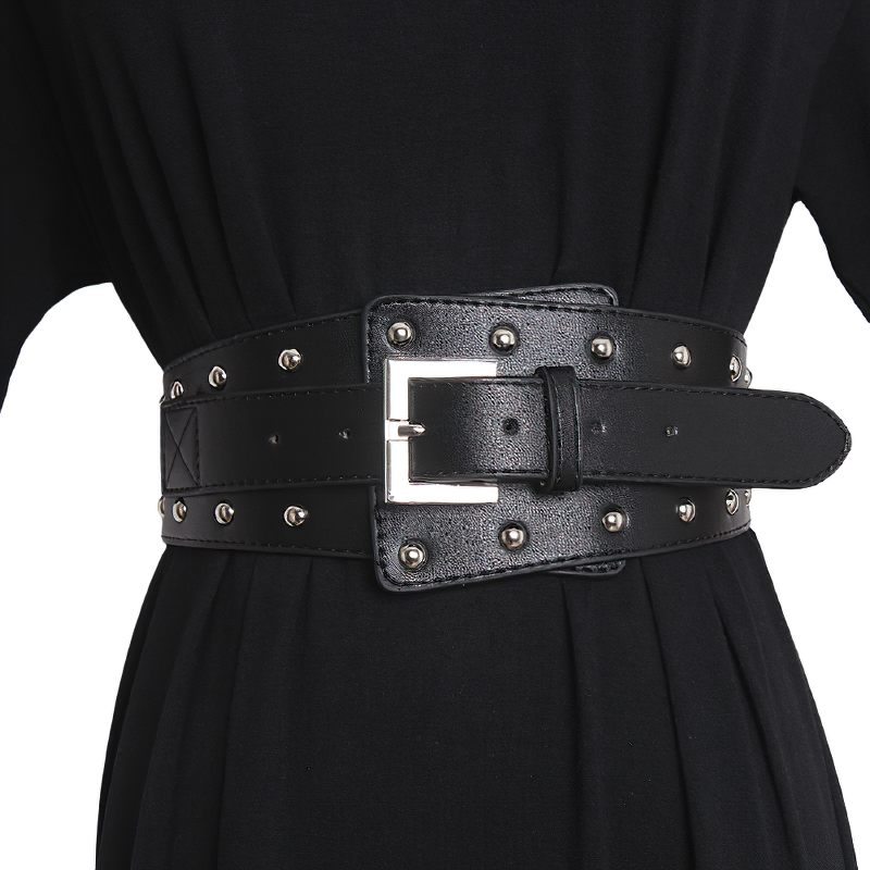 Fashionable wide genuine leather rivet belt for women with a stylish metal buckle, enhancing any outfit.