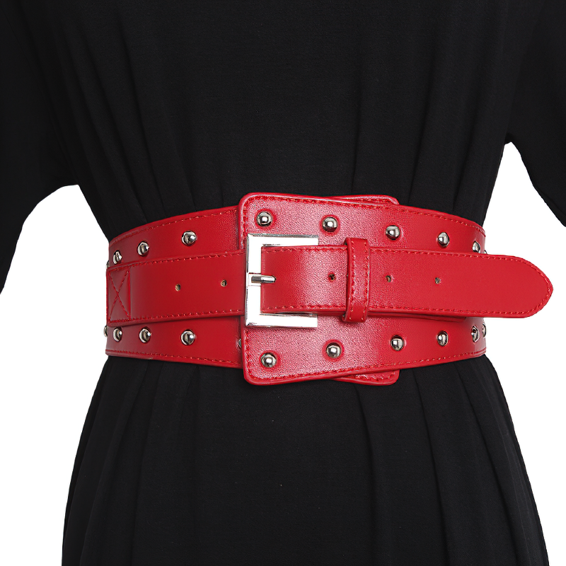 Stylish red genuine leather wide belt with rivets and metal buckle for women, perfect for elevating any outfit.