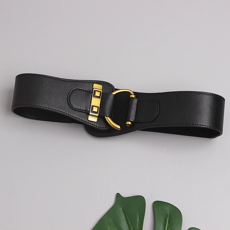Fashion wide genuine leather belt for women with stylish big gold pin buckle, perfect for accentuating your waist.
