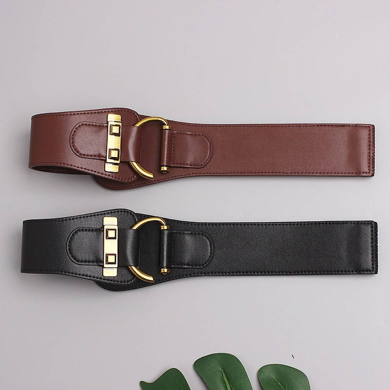 Fashion wide genuine leather belts in brown and black with big gold buckles, perfect for accentuating your waist.