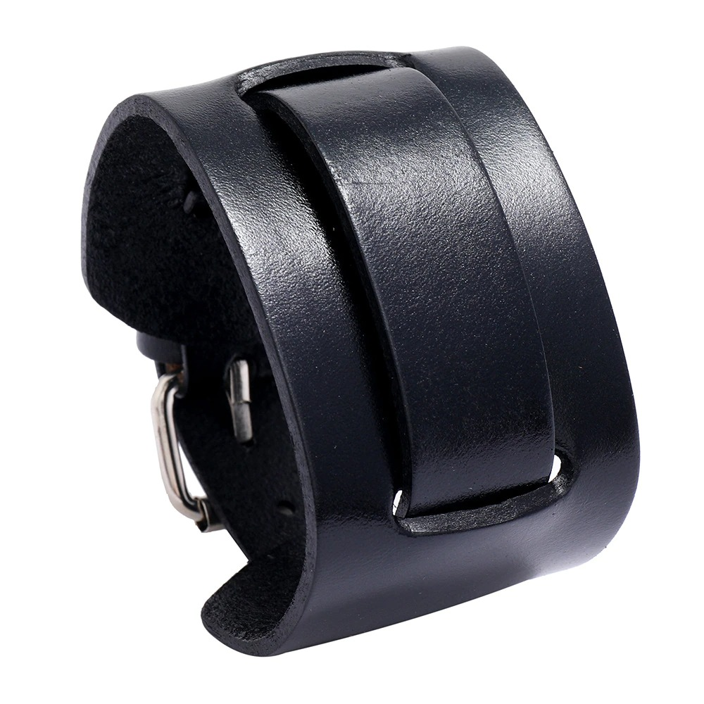 Trendy wide black genuine leather bracelet, adjustable punk cuff wristband in vintage style.