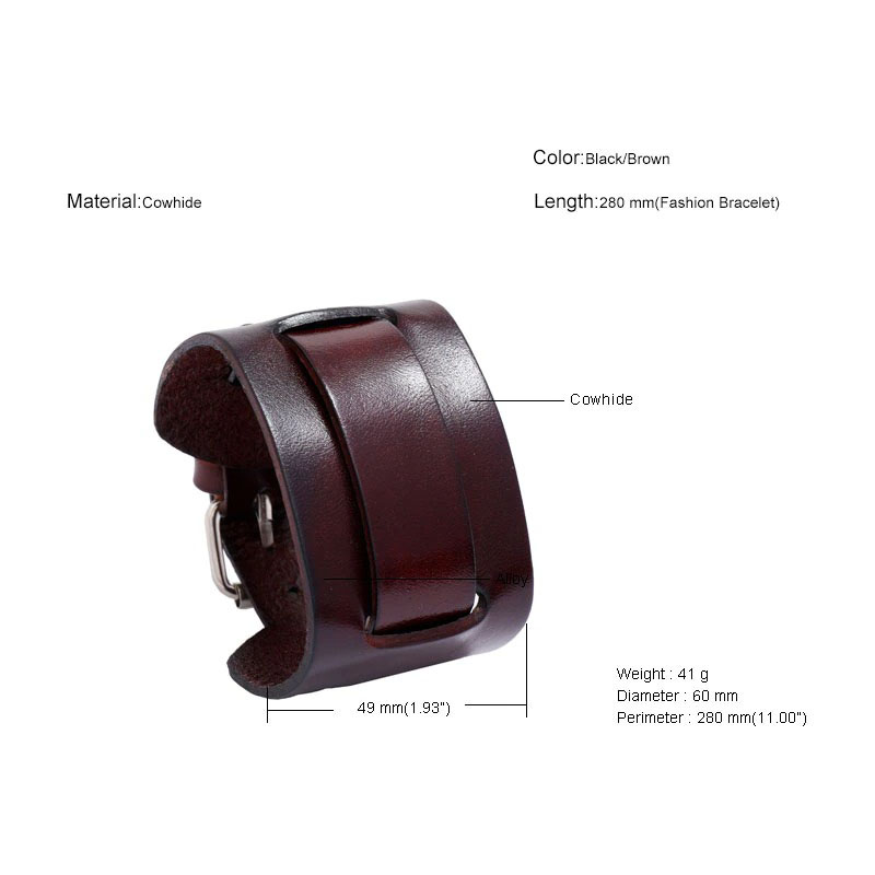 Wide genuine leather bracelet in brown and black, featuring adjustable design and vintage style details.
