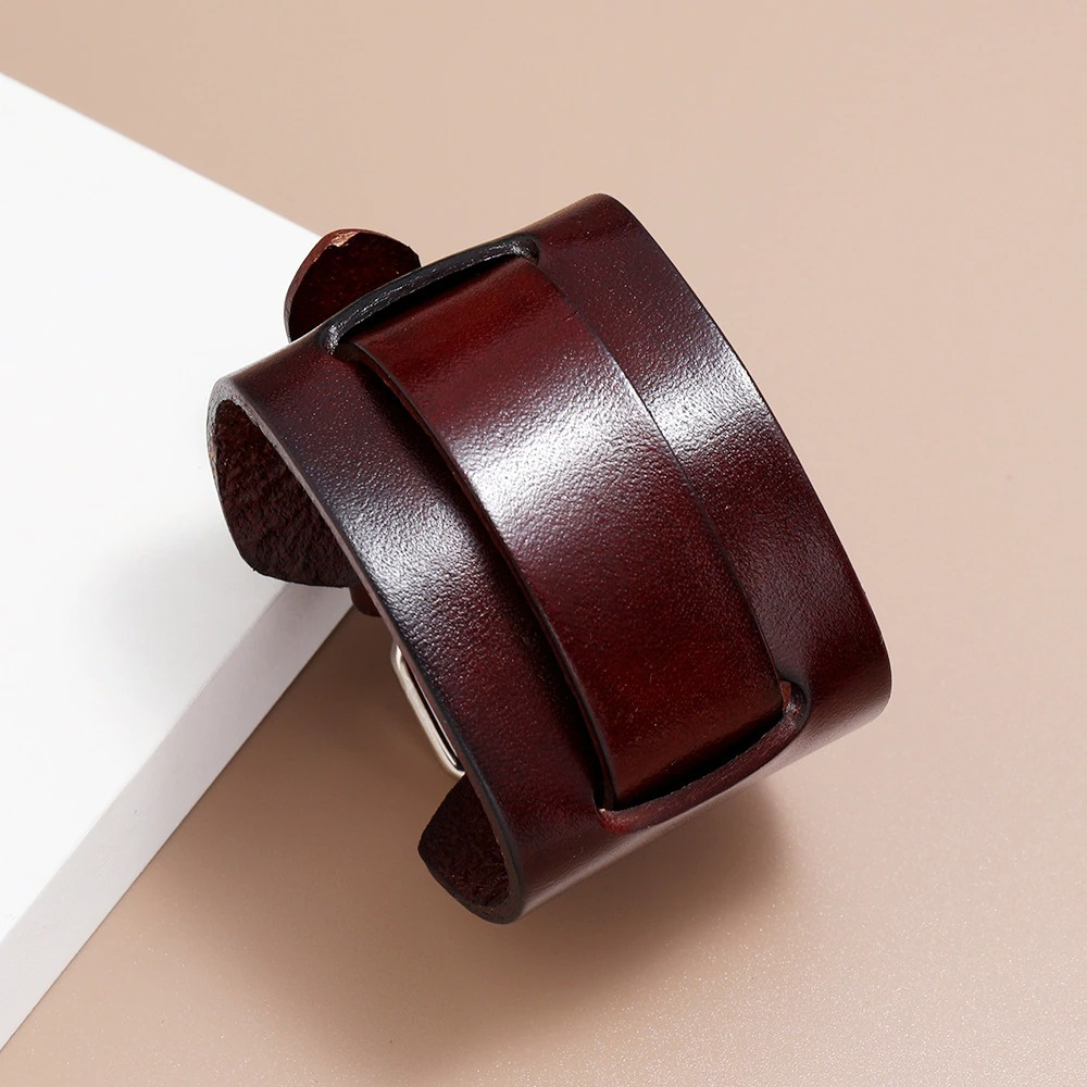 Wide genuine leather bracelet in dark brown, featuring a vintage cuff design, perfect for punk style enthusiasts.