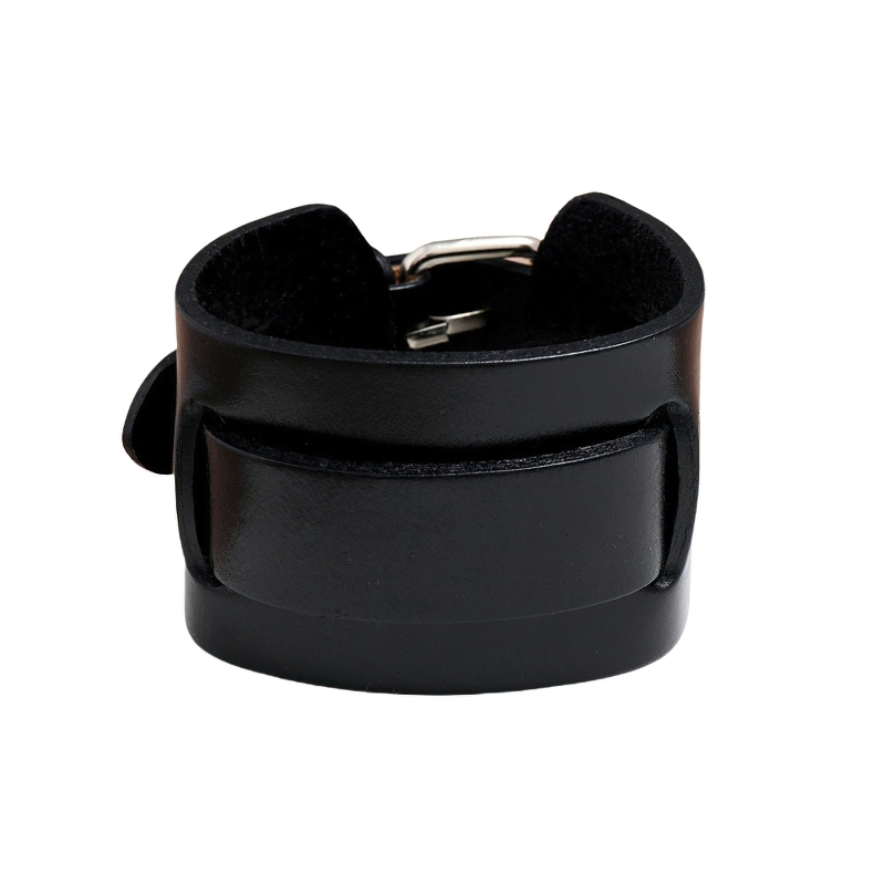 Black wide genuine leather bracelet, adjustable cuff in a vintage style, perfect for punk fashion.